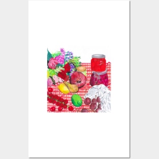 Fruits, Jars, and Flowers on red gingham tablecloth Posters and Art